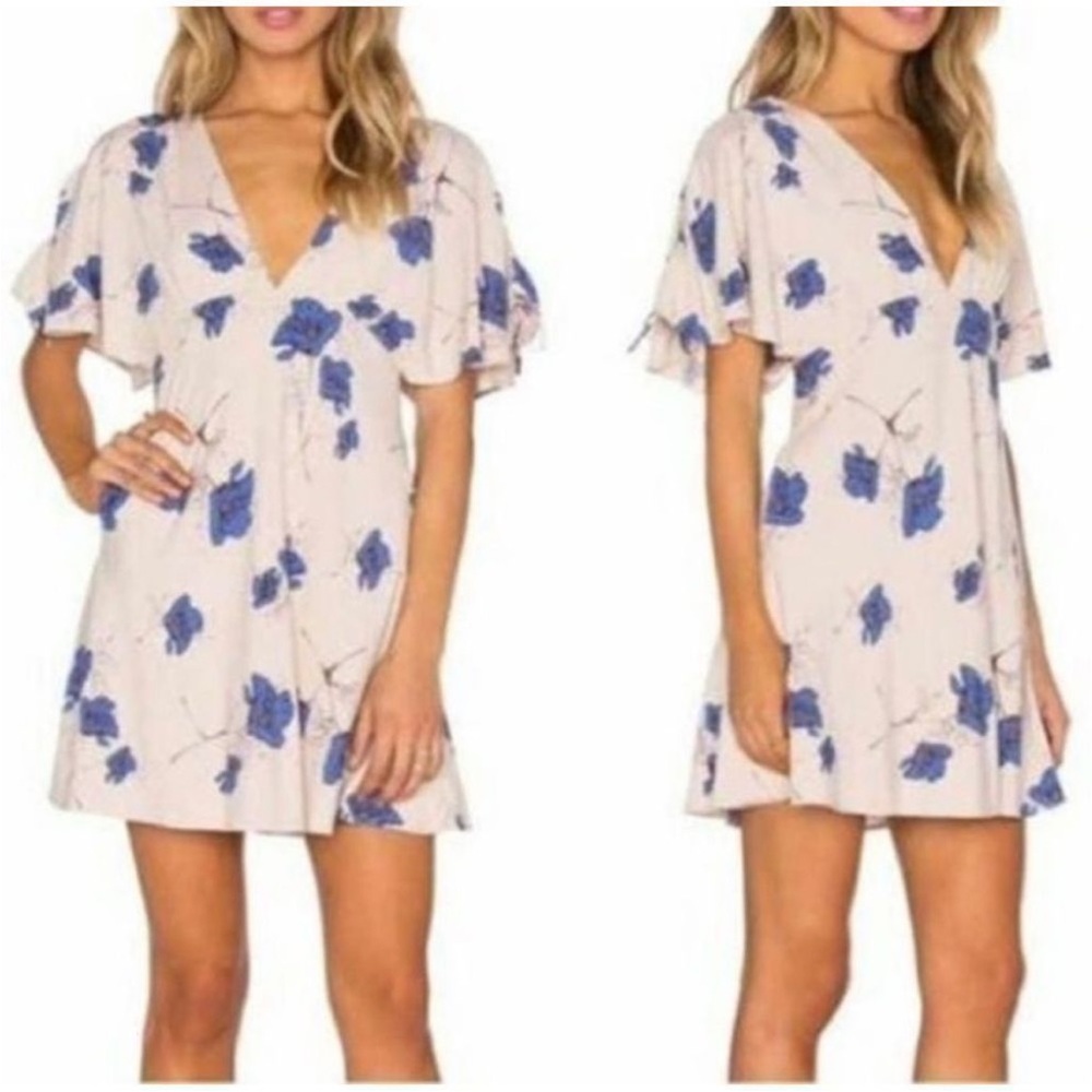 Free People Cream Mini Dress with Blue Floral Print size 4
